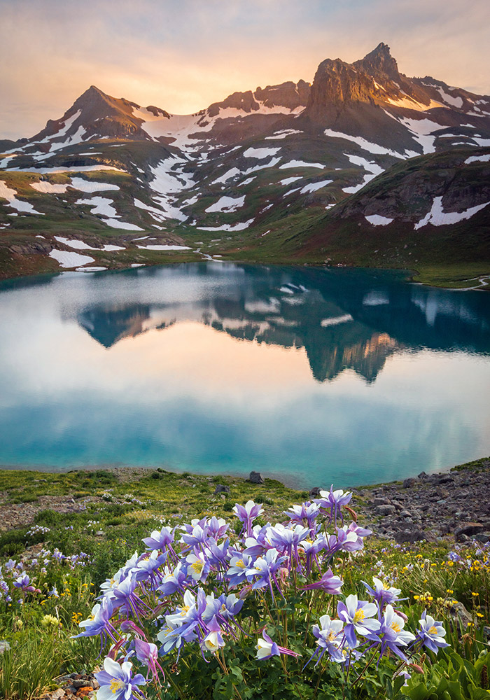 flowers in the foreground, lake in the middleground, and mountains with a sunset in the background